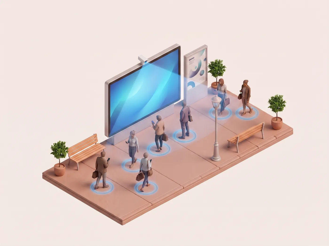 Isometrische Darstellung einer digitalen Werbewand an einem Gehweg, Passanten gehen vorbei und bleiben stehen, unter ihnen leuchten blaue Erfassungsringe.