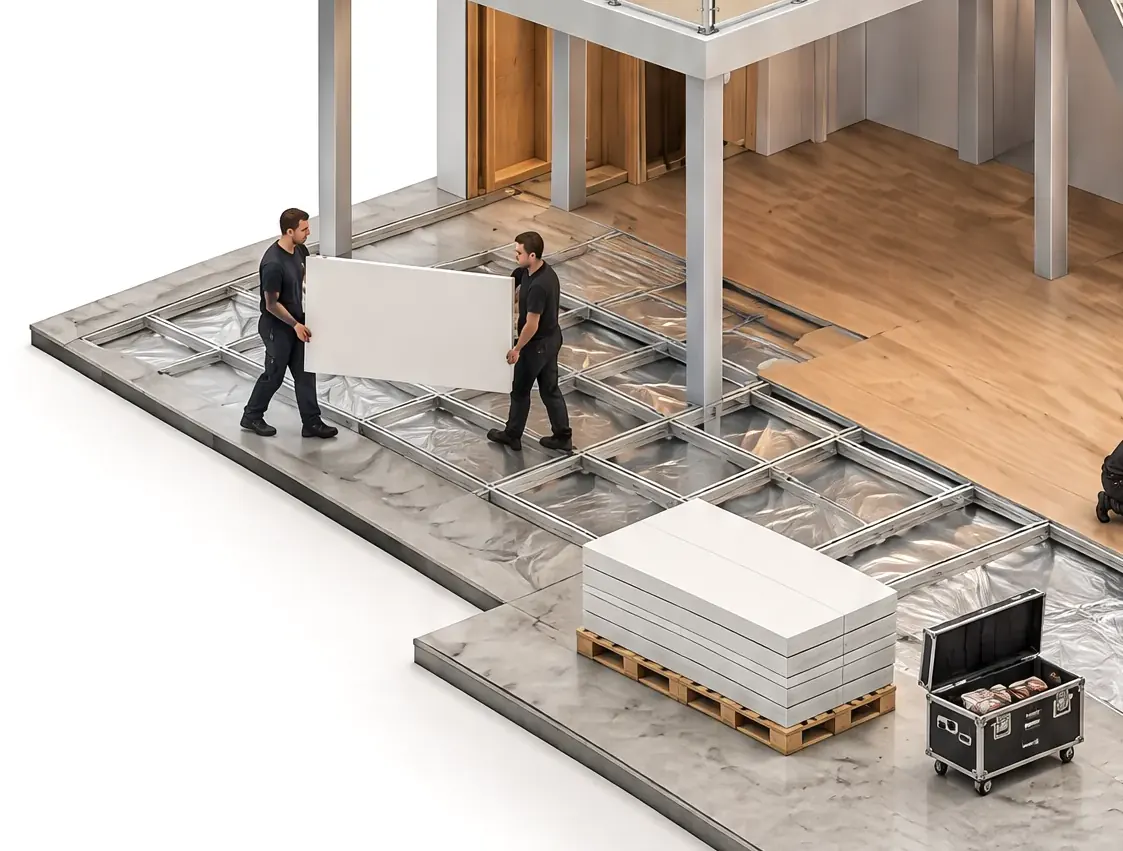 Ausschnitt aus dem Modell: Zwei Monteure tragen eine Wandplatte über den Hallenboden