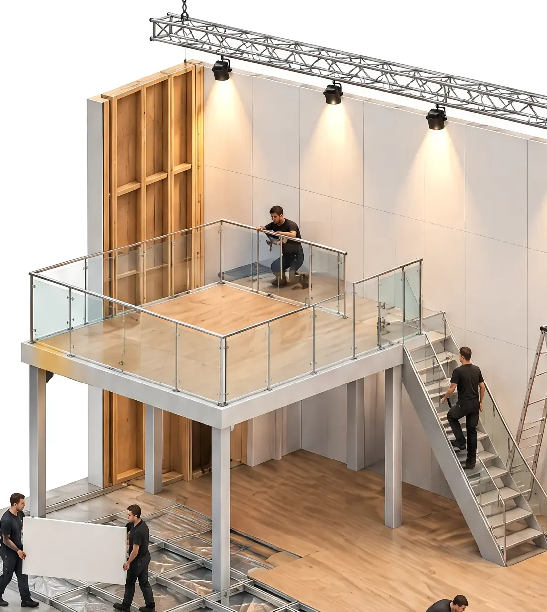 Ausschnitt aus dem Modell: Holzwand und Galerie eines zweistöckigen Messestands im Aufbau