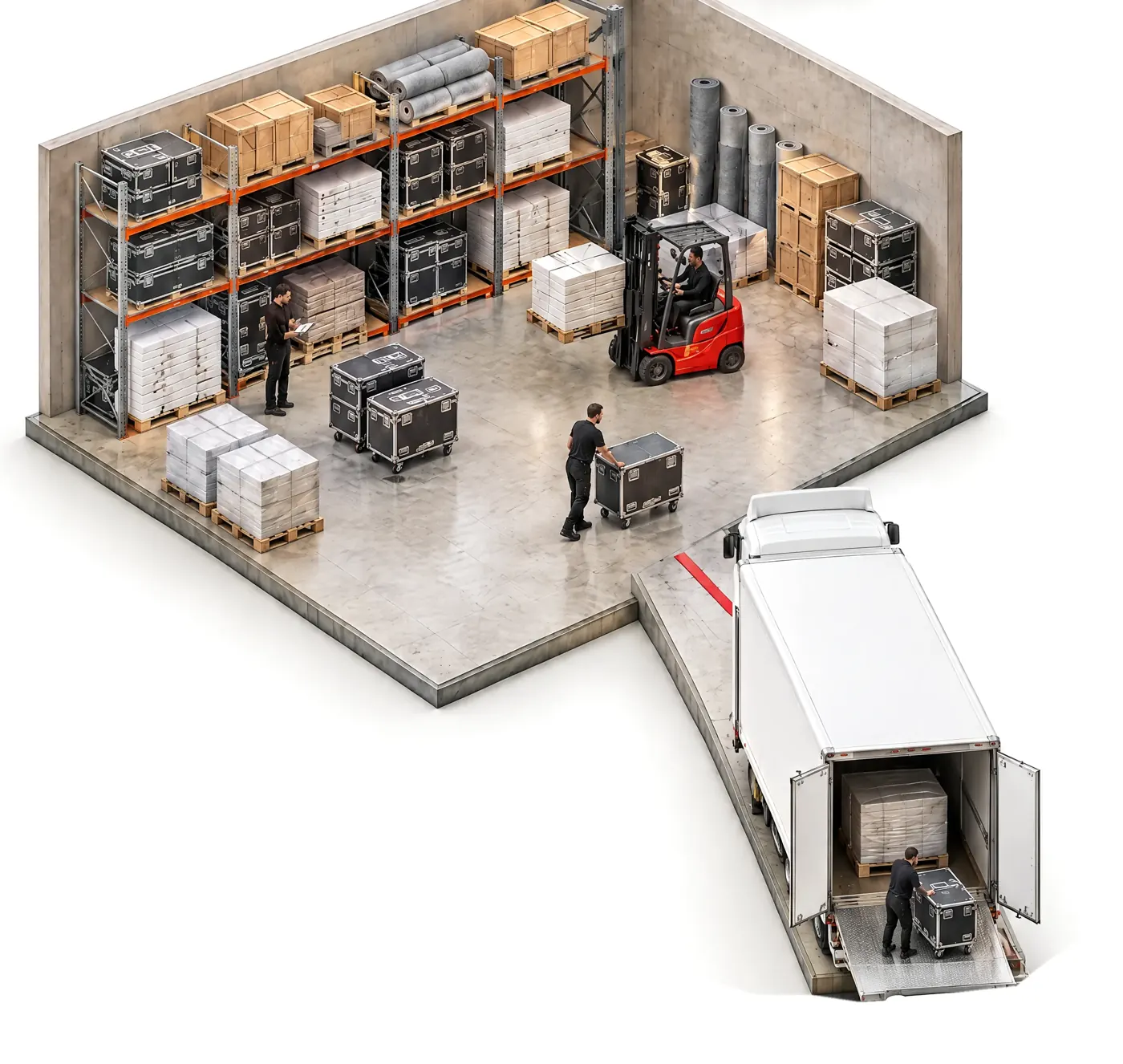 Modell des Lagers: Regale mit Transportkisten, ein Stapler, ein Lkw wird beladen