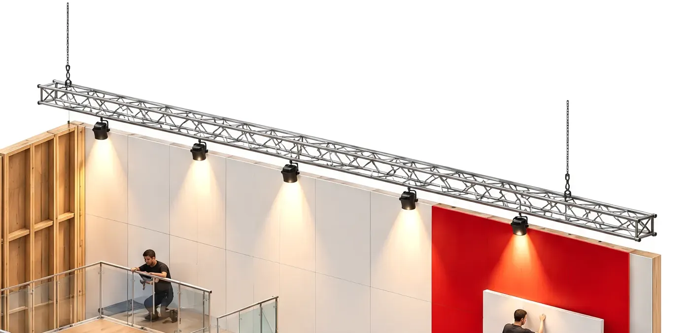 Ausschnitt aus dem Modell: Traverse mit Strahlern über der Standwand