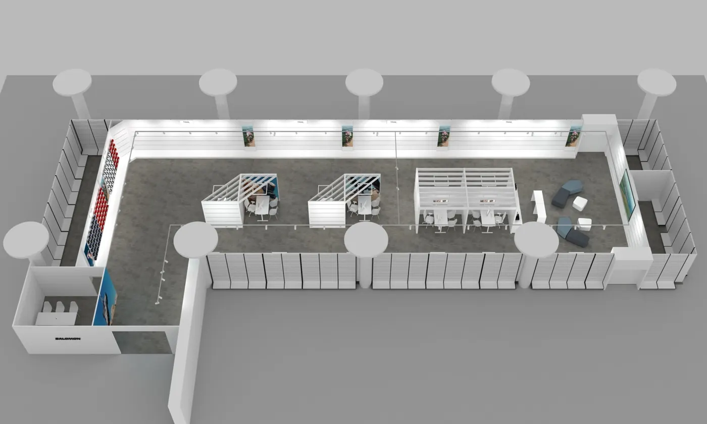 Rendering des langgestreckten Salomon Showrooms von oben mit Warenwänden auf beiden Seiten