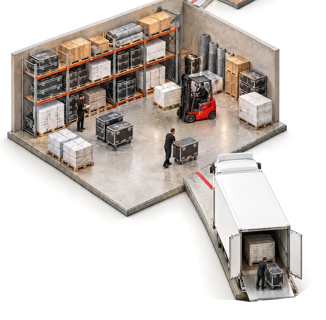 Model of the warehouse: shelves with transport crates, a forklift, a truck being loaded