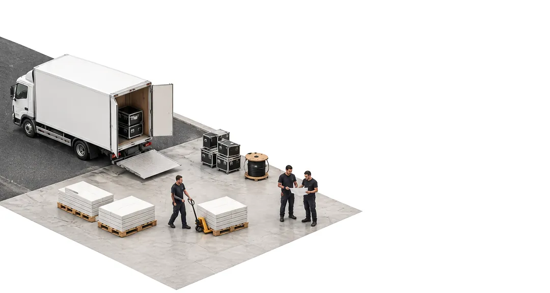 Model of the arrival in the hall: truck, pallets, two fitters with a plan