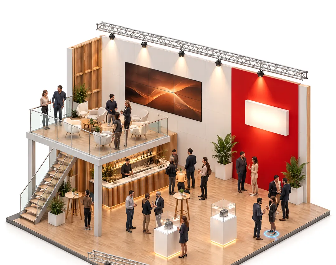 Model of the finished two-storey exhibition stand with guests at the stand party