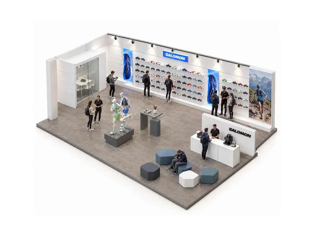 Modell des Salomon Showrooms bei INTERSPORT redblue in Heilbronn: Schuhwand mit Leuchtstelen, Lounge, Theke und Besucher