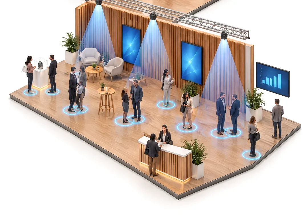 Model of measurement with VISPAL: sensors on the truss, light-blue cones, blue rings beneath the visitors