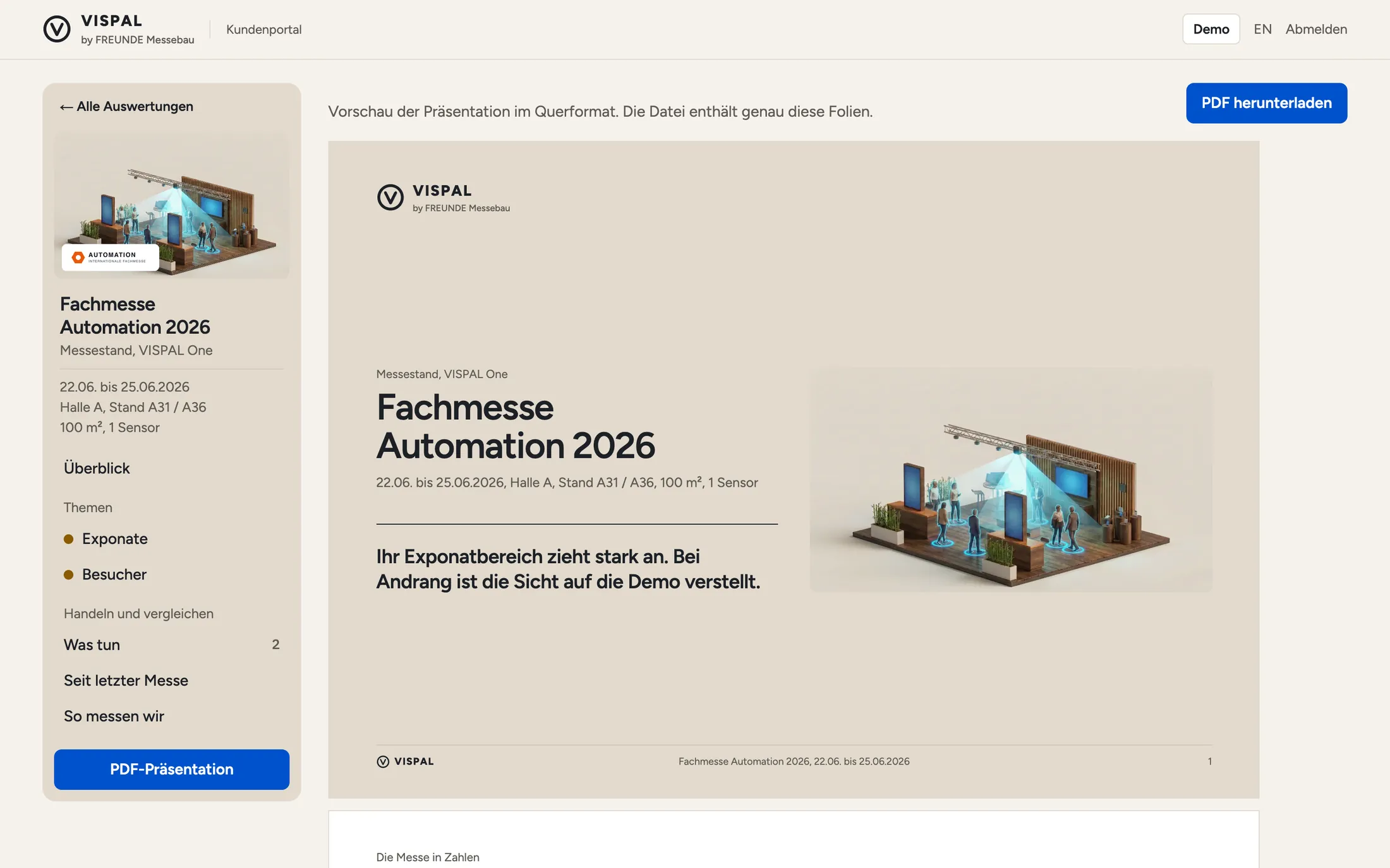 VISPAL Kundenportal, PDF-Präsentation: Vorschau der Folien im Querformat mit dem Knopf zum Herunterladen