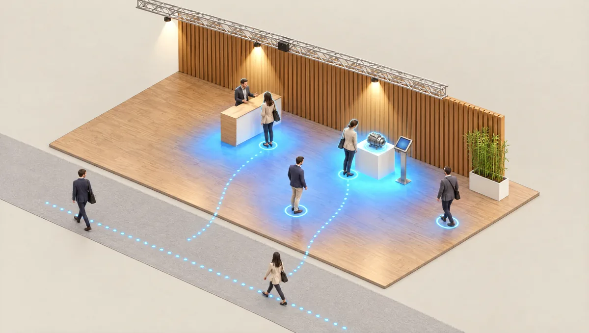 Rendering: ein Messestand von schräg oben. Jeder Besucher steht in einem blauen Ring, gepunktete Linien zeigen die Laufwege vom Gang in den Stand. Eine blaue Heatmap leuchtet vor dem Exponat und an der Theke, die hintere Ecke bleibt leer