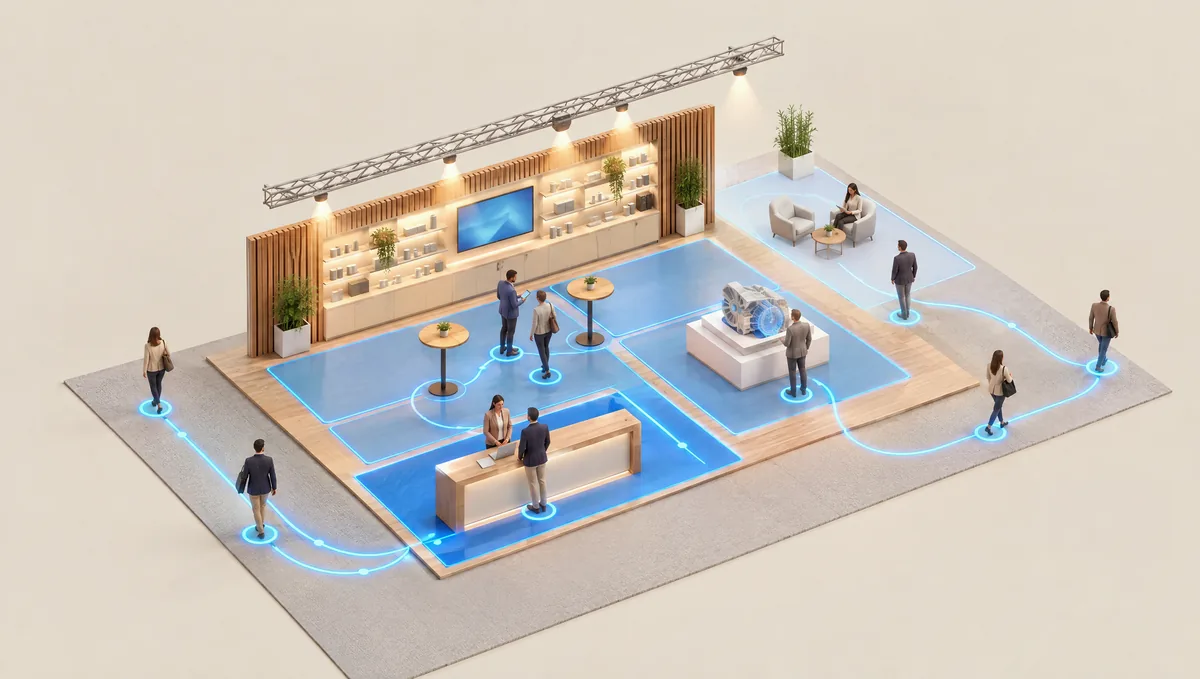 Rendering: an exhibition stand seen from above at an angle. The floor is divided into five blue zones of varying intensity. Glowing lines show the visitors’ routes from the aisle through the stand