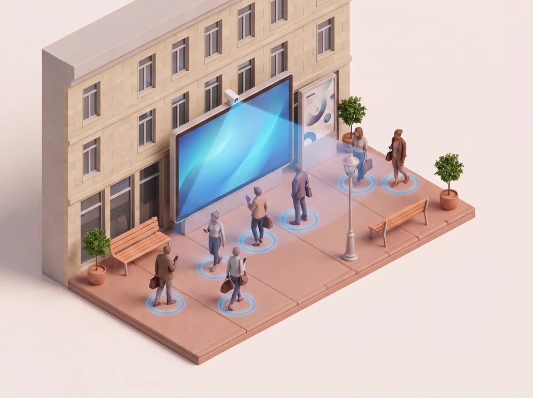 Rendering: passers-by in front of a large advertising screen on a building façade