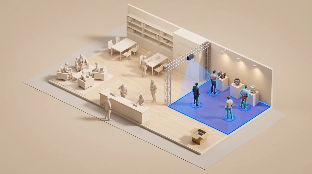 Rendering: a large exhibition stand, pale like an architectural model. Only the exhibit area is in colour: a blue square on the floor, above it a sensor with a cone of light, inside it four visitors with rings. Next to it stands an open cardboard box