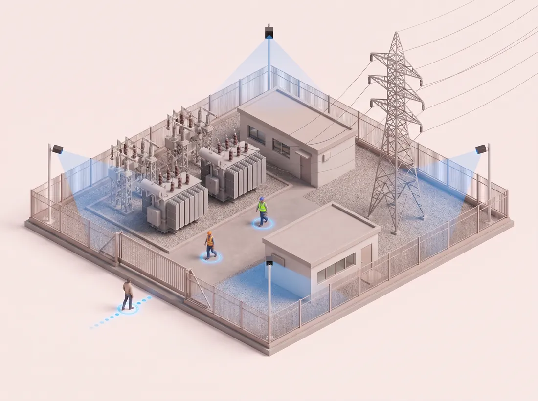 Rendering: fenced substation with transformers and a pylon, sensor cones at the fence and gate