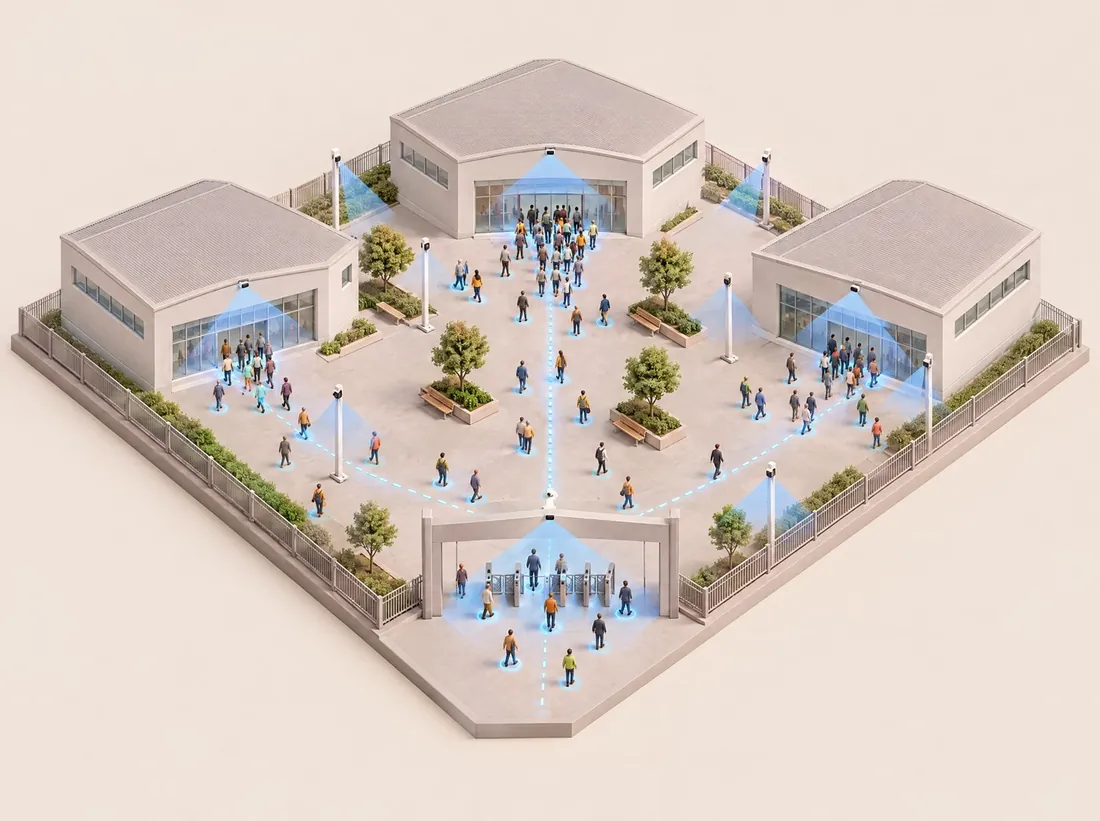 Rendering: Messe- oder Festgelände mit drei Hallen, Eingang mit Drehkreuzen und Wegen, Sensorkegel an Eingängen und Hallentüren erfassen die Besucherströme