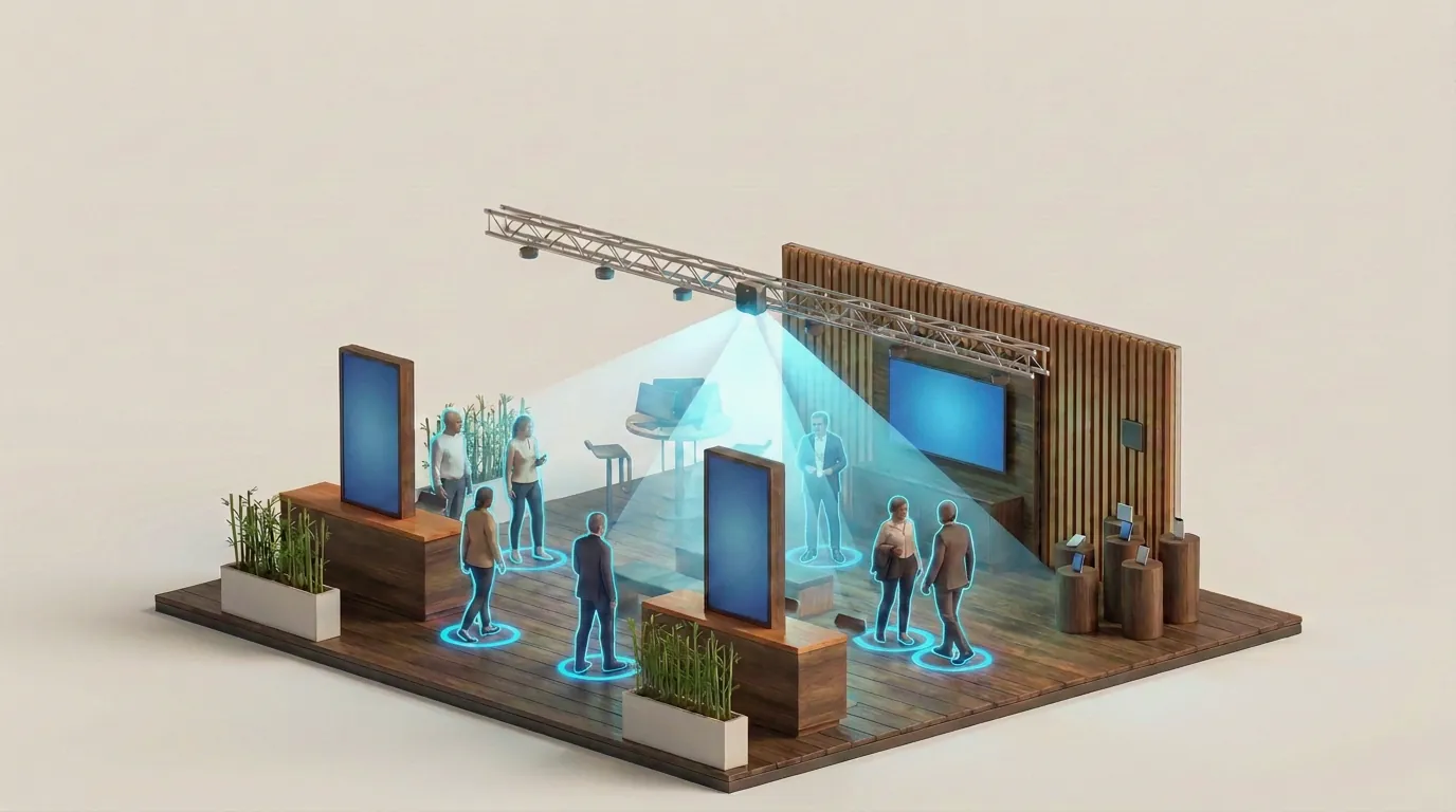 Rendering: exhibition stand with a timber wall and truss. Light-blue detection cones fall from the sensor onto the visitors, each standing in a blue ring