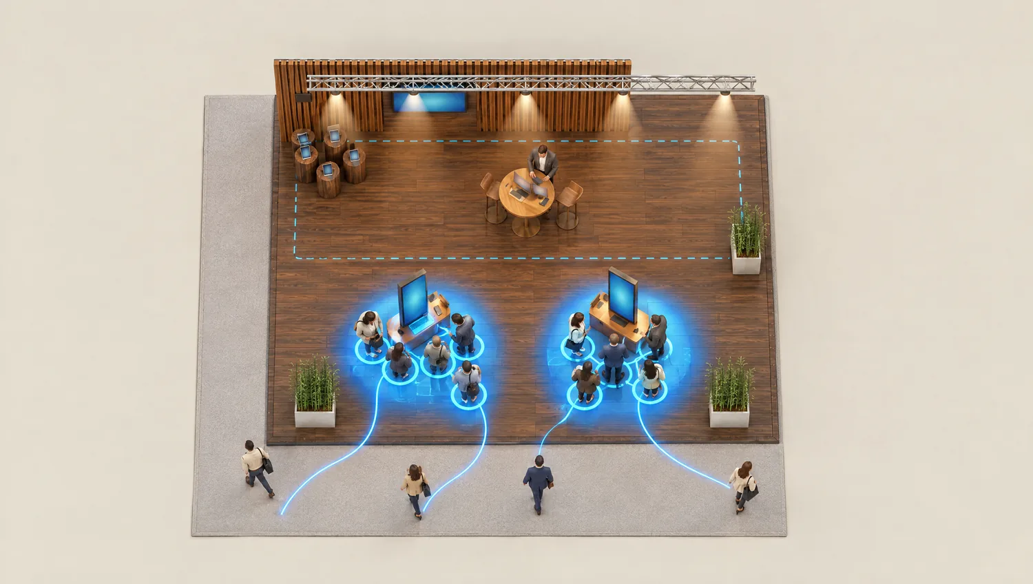 Rendering: the stand from above. Blue hotspots at the columns; the rear half of the stand is marked as empty space