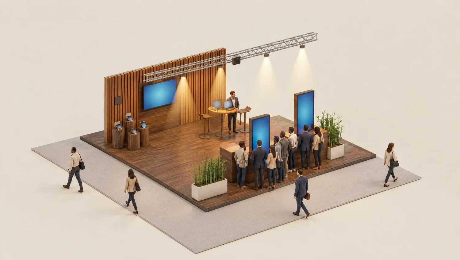 Rendering: the stand on day one of the show. Visitors crowd around the screen columns at the front; at the back, a staff member waits alone at the high table