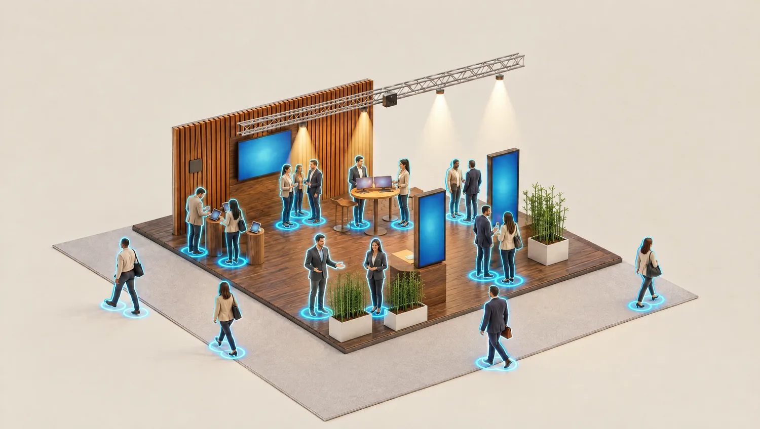 Rendering: the stand after the recommendations. Visitors spread across the whole area