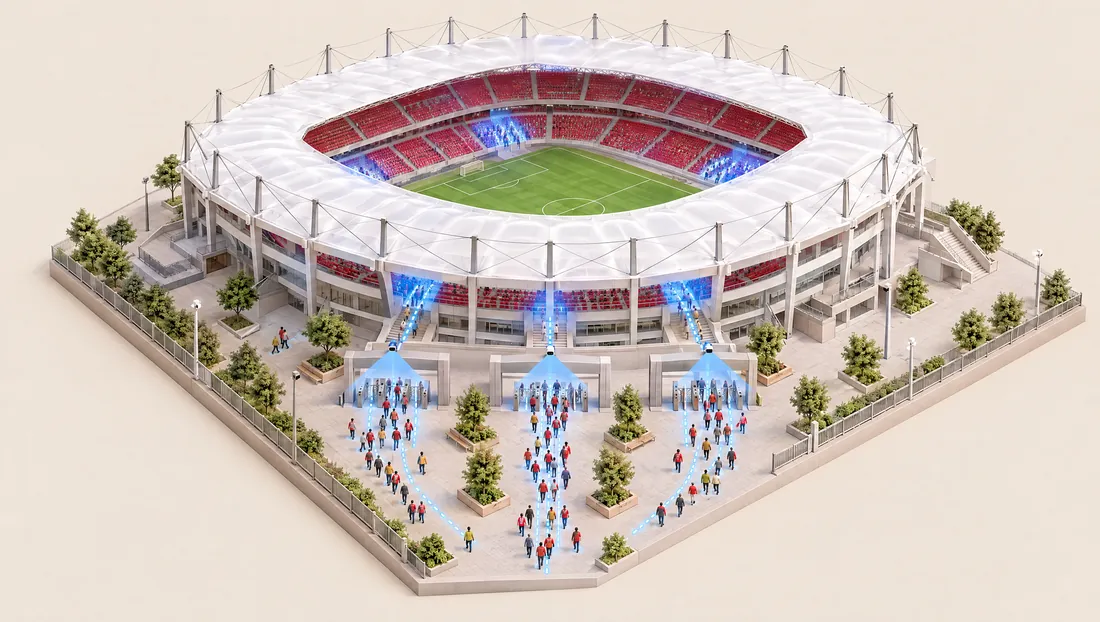 Rendering: Fußballstadion mit weißem Membrandach und roten Rängen, Sensorkegel über den Eingängen erfassen die Fanströme vom Vorplatz in die Ränge