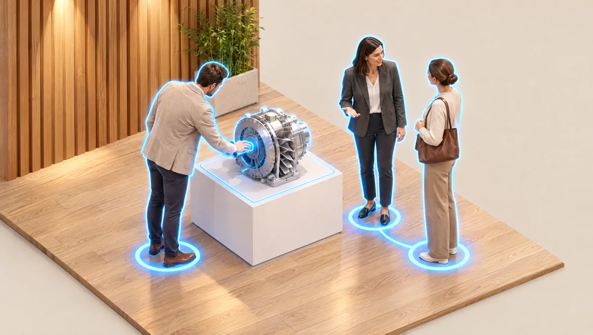 Close-up rendering: a visitor touches the exhibit; next to him, a staff member talks to a visitor. All three are outlined in blue, and the rings of the two in conversation are linked